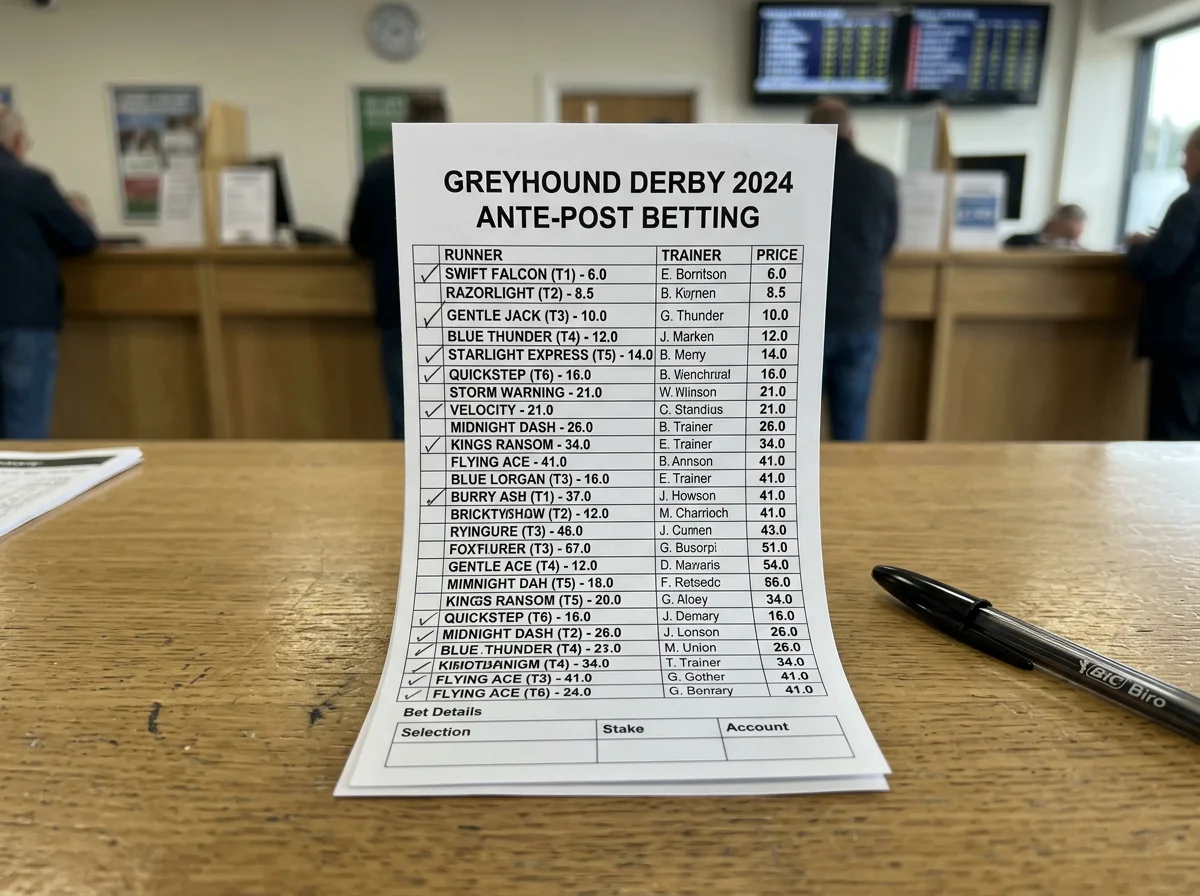 Greyhound ante post betting odds board for a major UK racing event