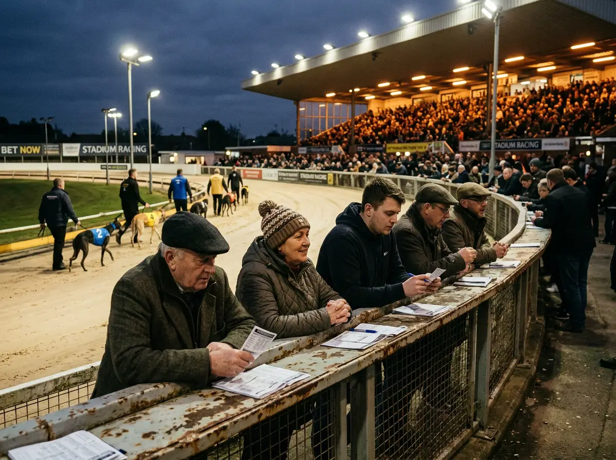 Greyhound racing trackside betting with on-course bookmakers and tote windows