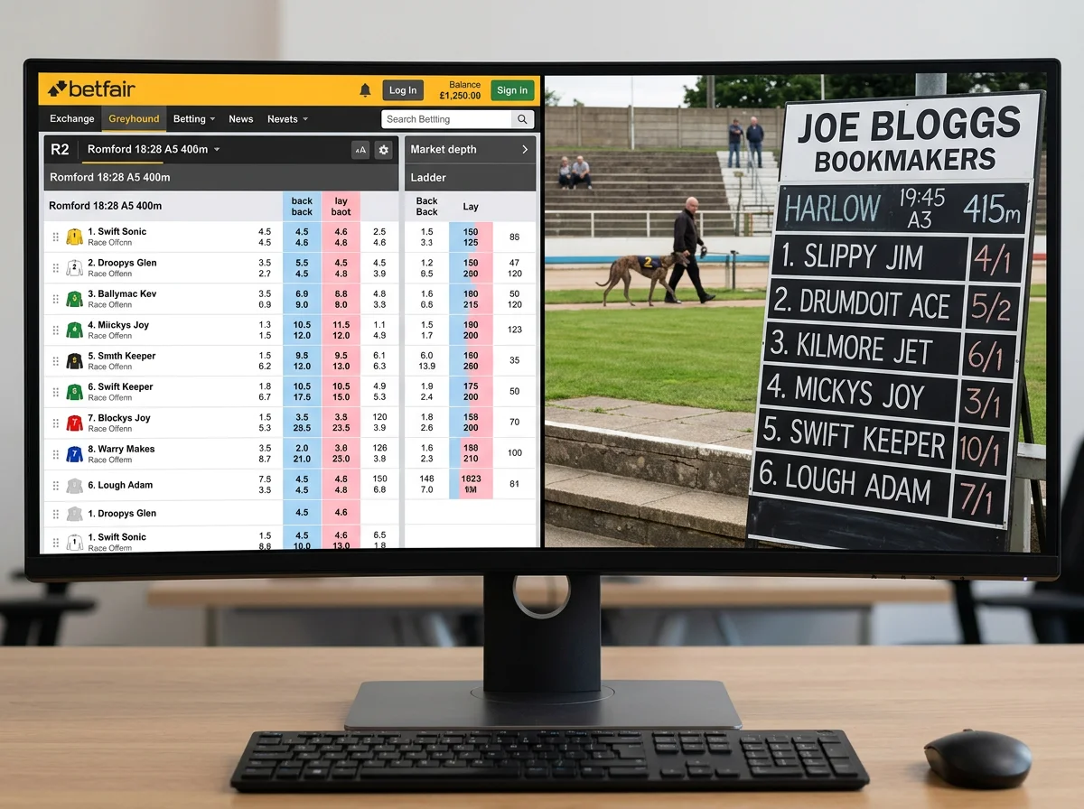 Side-by-side comparison of exchange and bookmaker greyhound betting odds