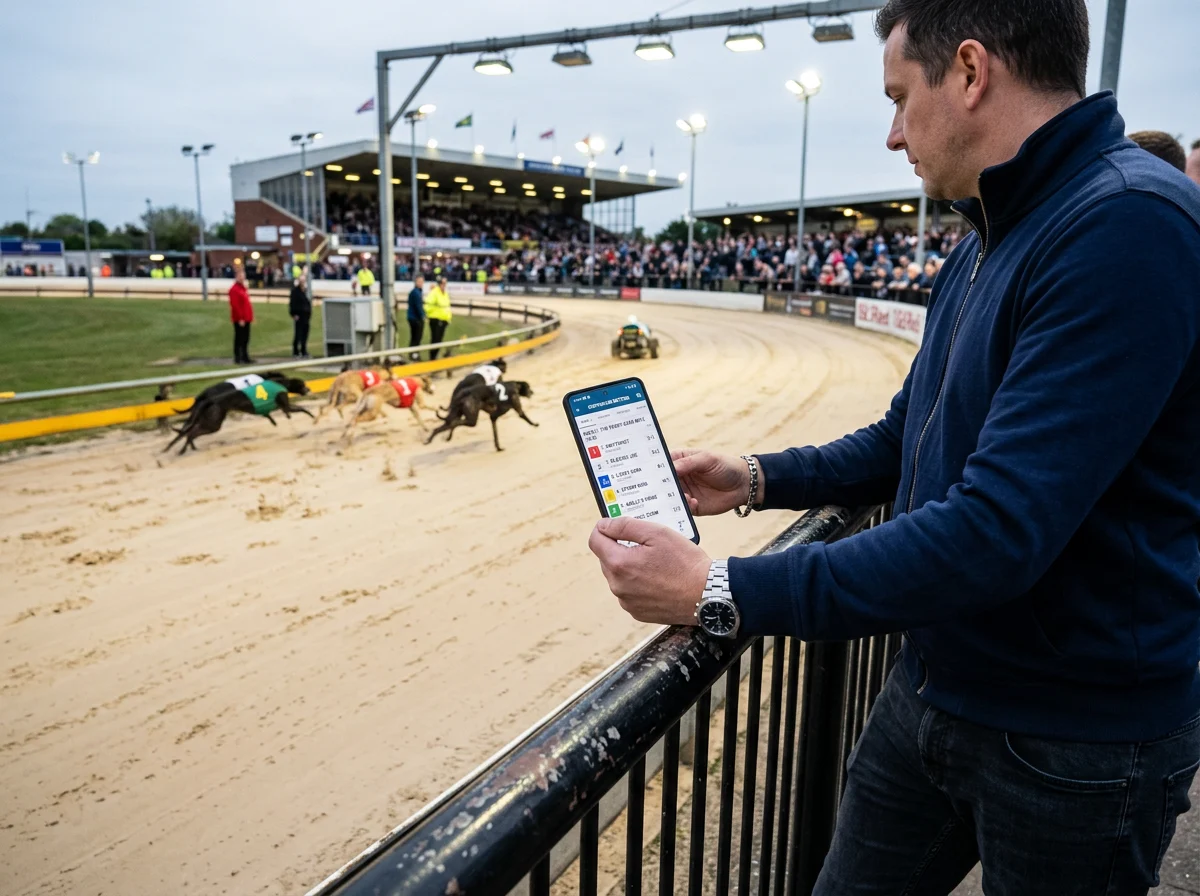 Beginner placing a first greyhound bet online with race card visible