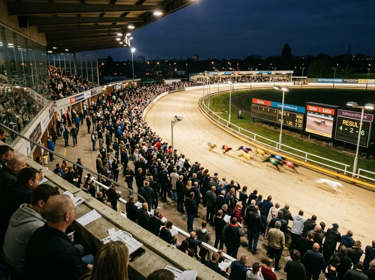 Greyhound racing stadium with evening crowd attending a live meeting in the UK
