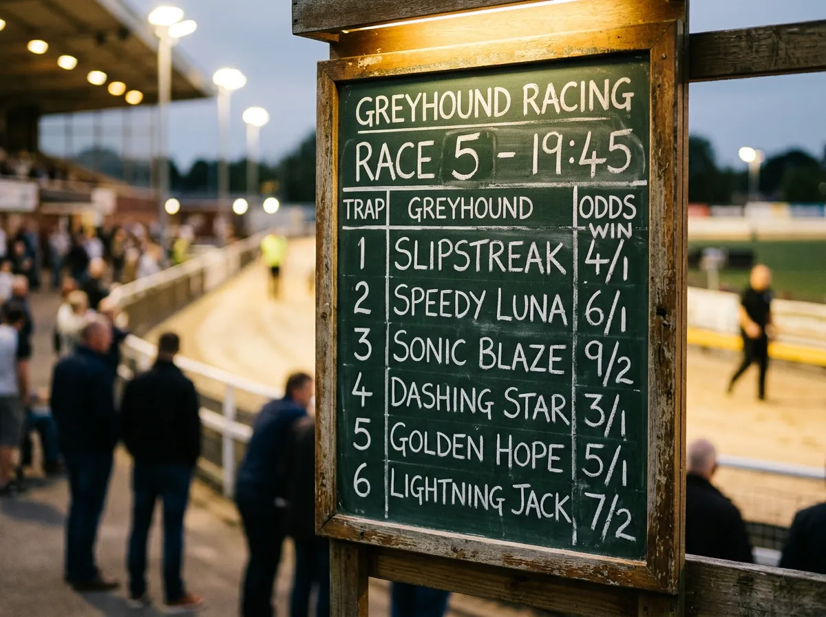 Greyhound race odds board showing fractional and decimal prices with implied probability calculations