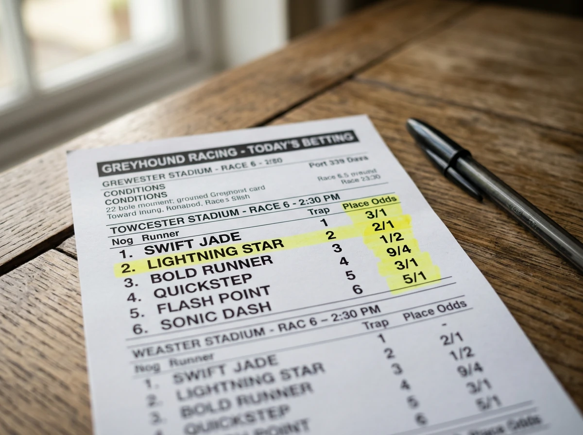 Greyhound each-way betting payout calculation showing win and place components