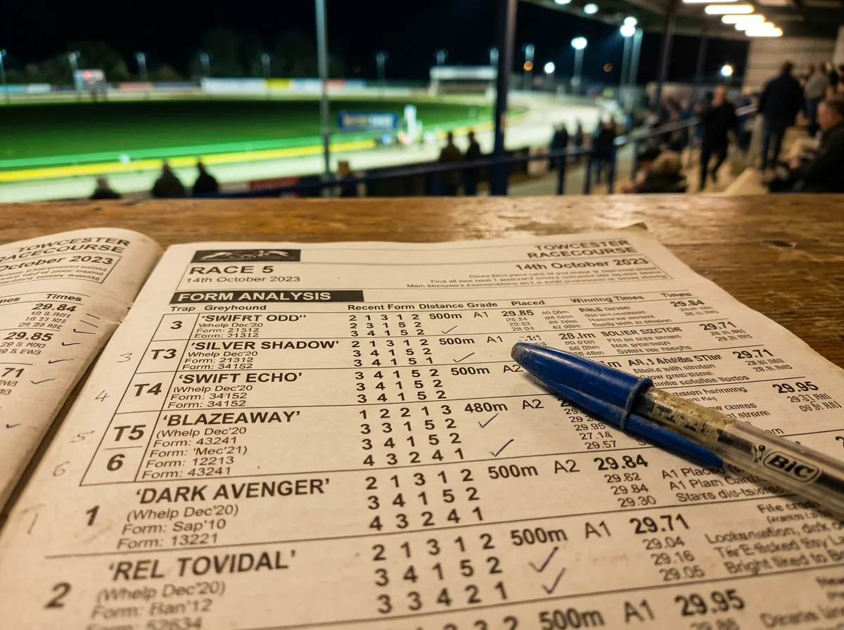 Greyhound race card data and form analysis figures used for betting selections