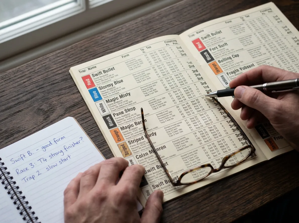 Close-up of a printed greyhound race card with form figures and sectional times highlighted