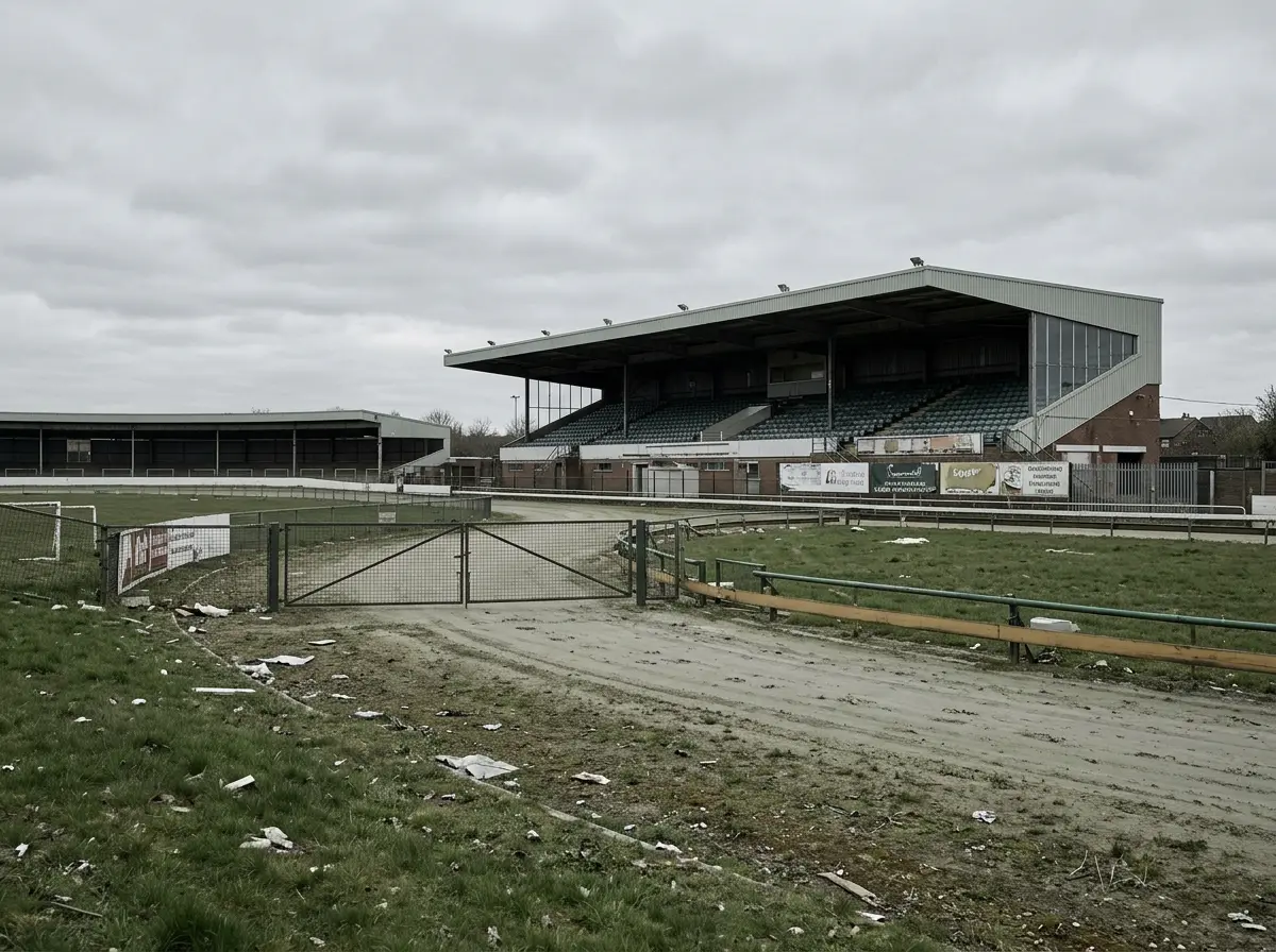 Empty greyhound racing track with closed grandstand viewed from the first bend on a quiet afternoon