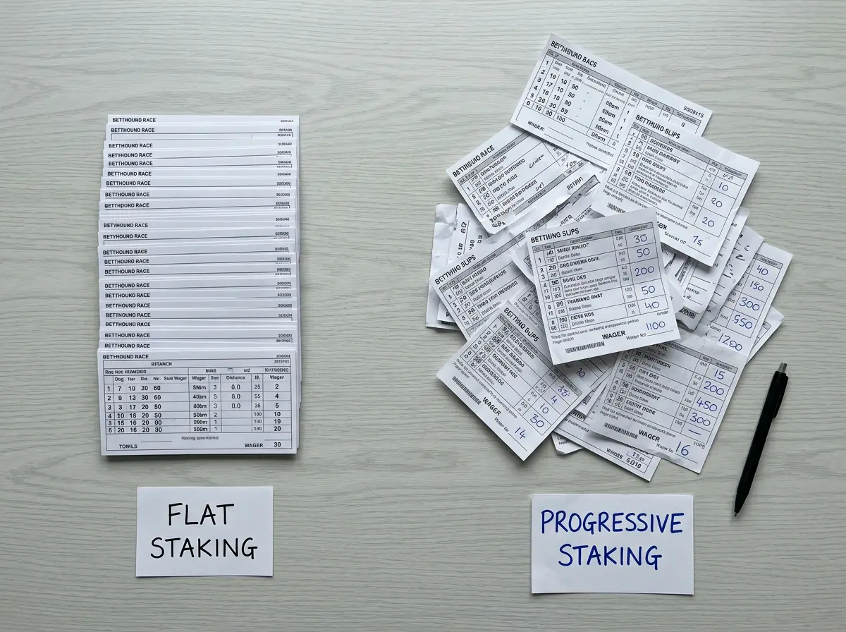 Flat staking versus progressive staking comparison chart for greyhound betting
