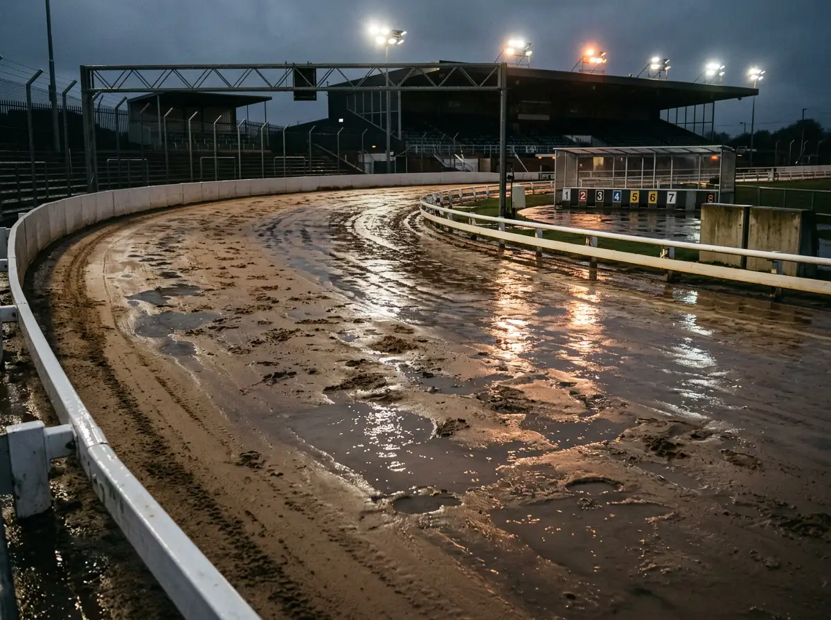 Greyhound racing track surface showing wet and dry conditions affecting race results