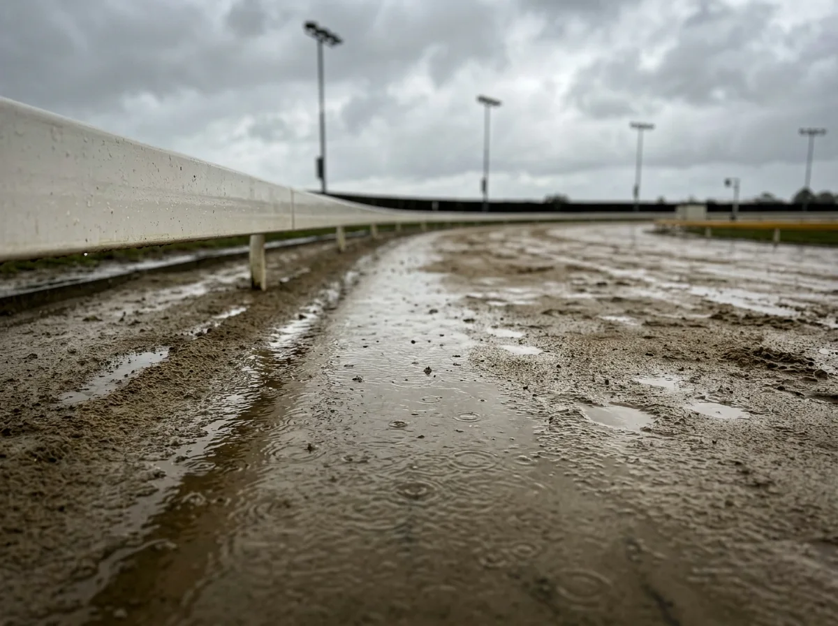 Greyhound racing track with a wet sand surface after rainfall showing water pooling near the inside rail