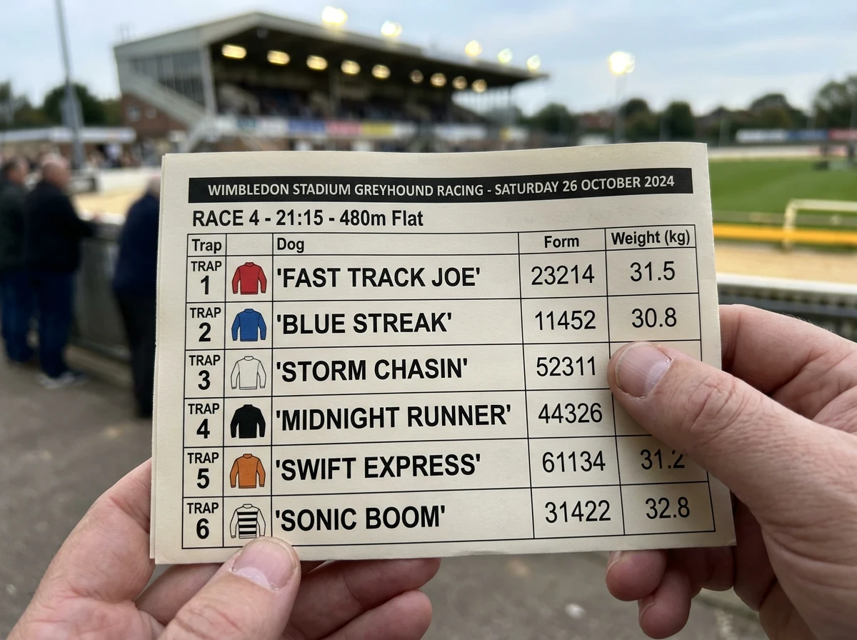 Annotated greyhound race card showing all columns and symbols explained
