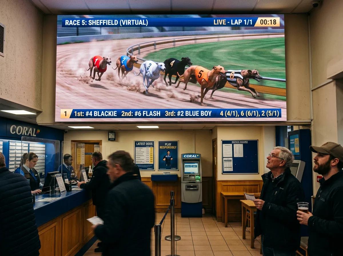 Virtual greyhound racing screen showing AI-generated race with RNG outcome